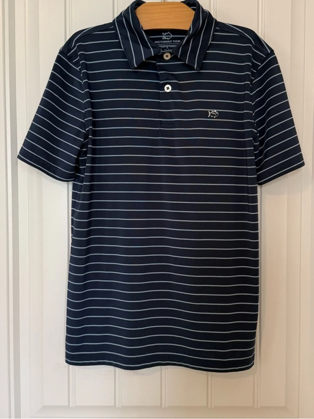 Southern Tide Boys Striped Polo Shirt Size L (12-14) Navy Blue Performance Shirt